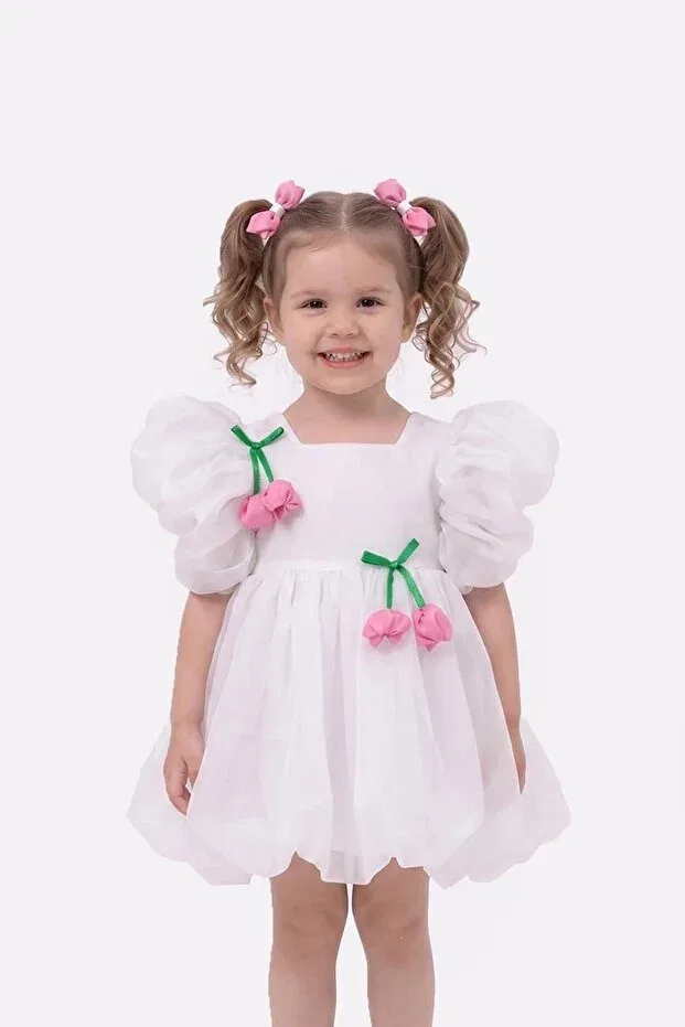 Детское платье для девочек с воздушным рукавом Rose embellished bowknot decorated Bertuğ Bebek, White