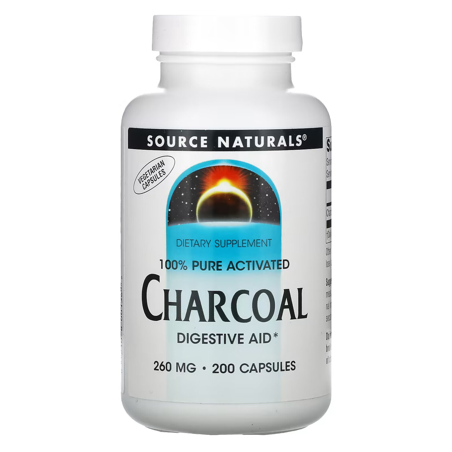 

Source Naturals, 100% чистый активированный уголь, 260 мг, 200 капсул