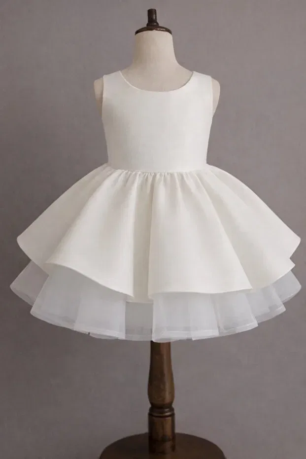Детское платье для девочек с бантом Special design white color sleeveless bow and tulle detailed girl's evening dress Musgem, White