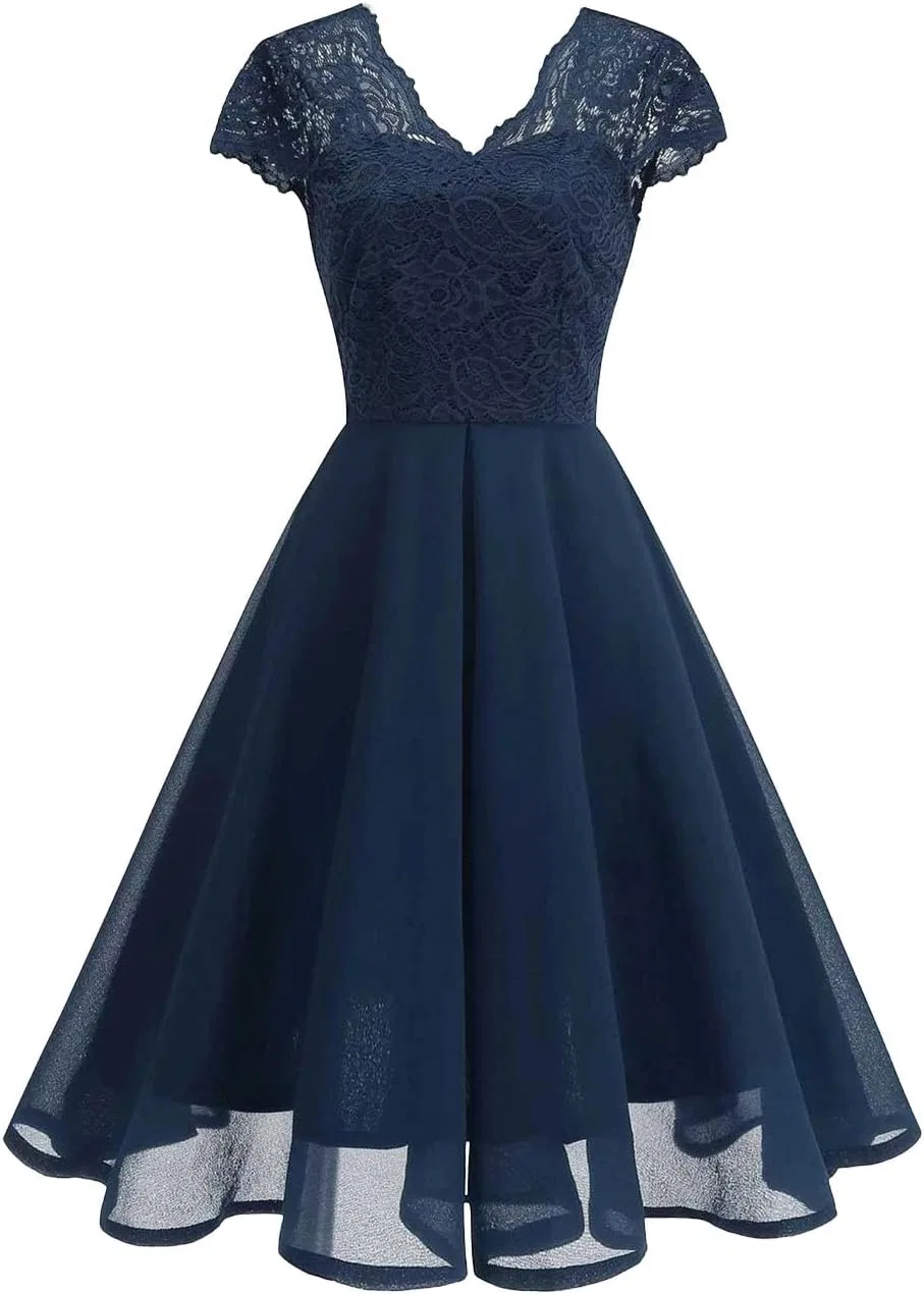 Женское платье миди свинг с V-образным вырезом и кружевом, Navy Blue