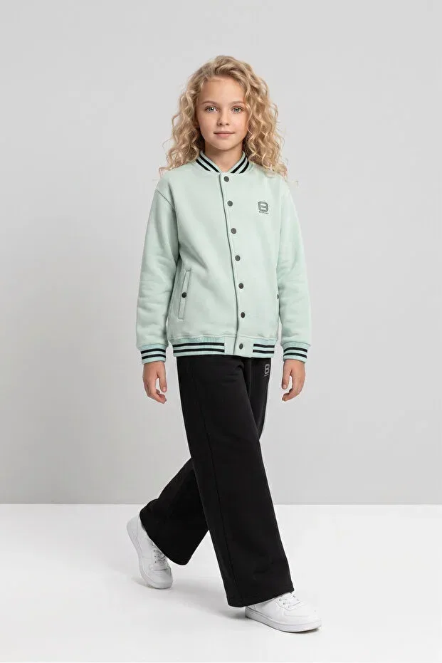 Детский спортивный костюм для девочек с принтом College Collar Wide Leg Black One, Mint Green — фото 4