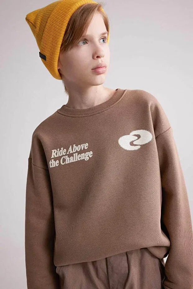 Детские свитшот для мальчиков с принтом Oversize wide fit crew neck printed mink boys' sweatshirt d3968a8/bn296 Defacto, Coffee-Bn296 — фото 3