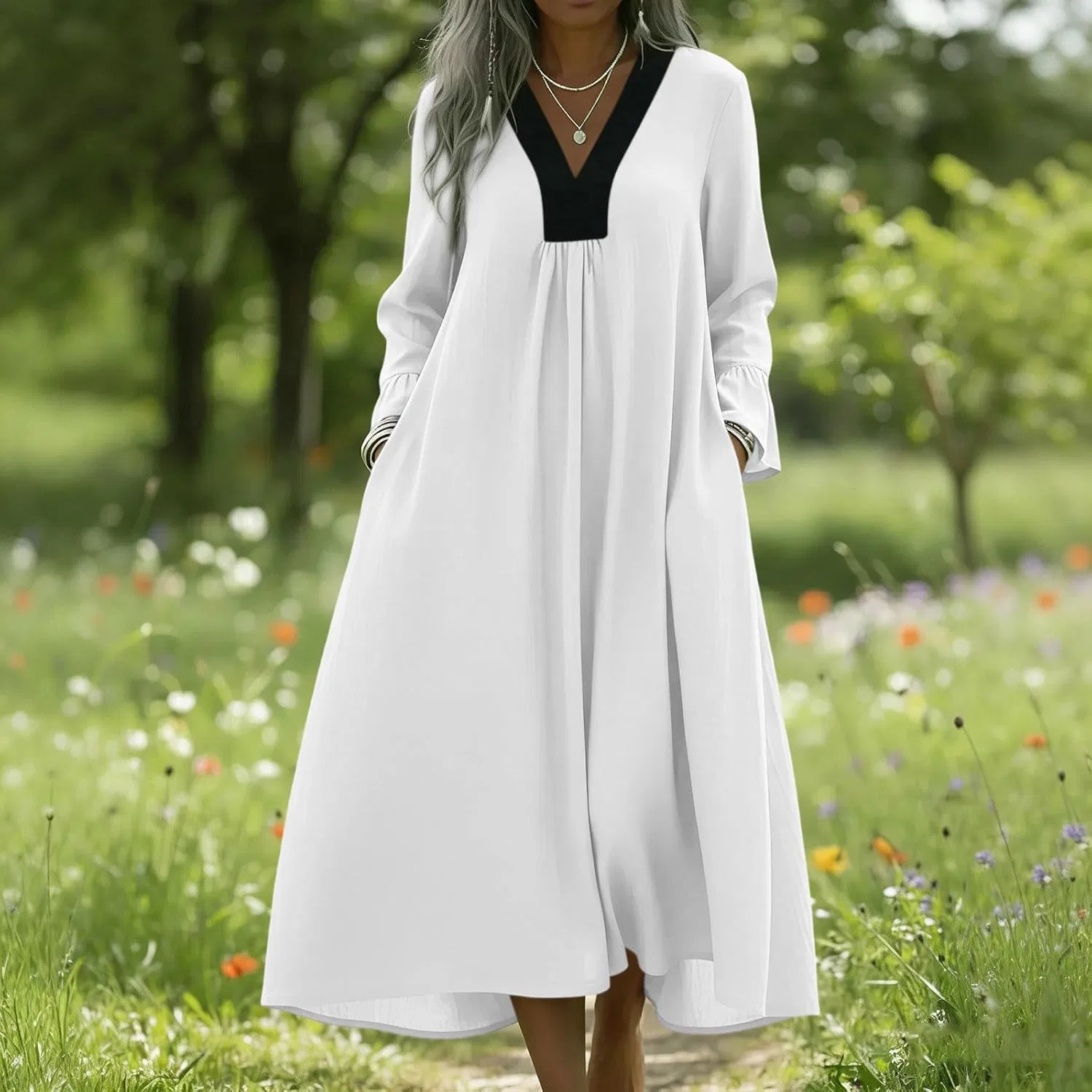 Женское свободное платье миди с V-образным вырезом Cotton Linen, White — фото 2