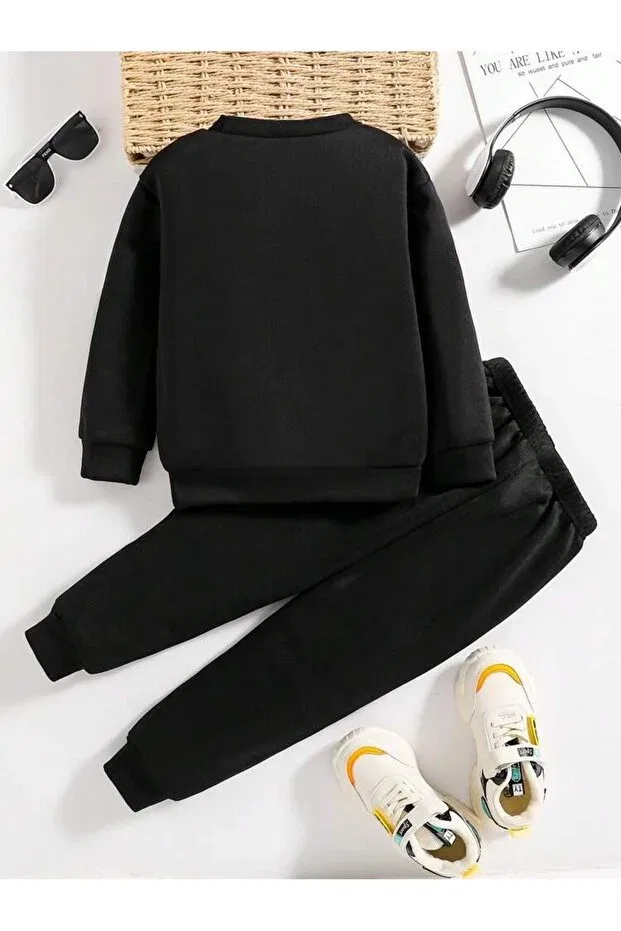 Детский комплект свитшот-брюки с принтом Goat Printed Crew Neck Combination Bottom And Top Tracksuit Set Svart Wear, Black — фото 2