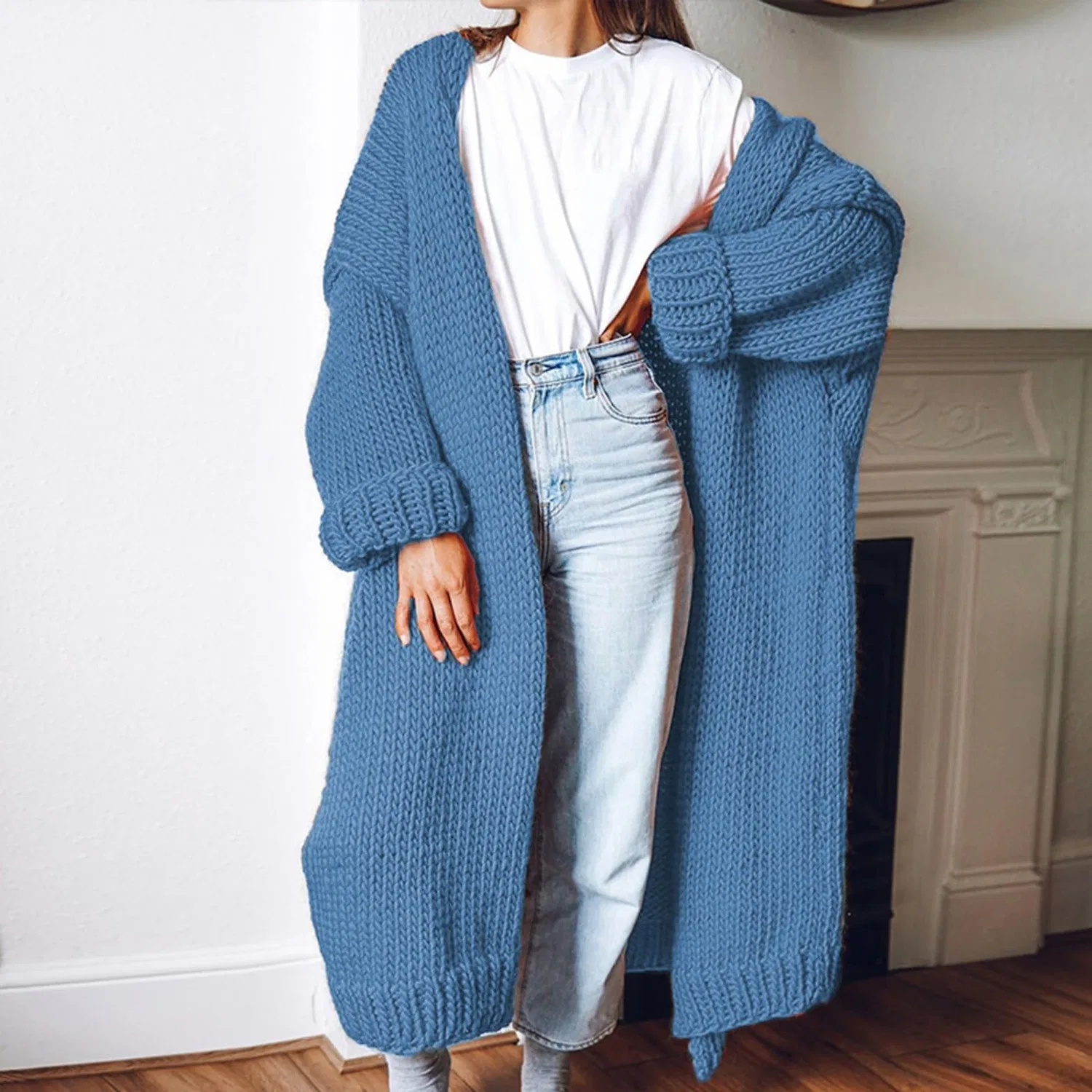 Женский длинный кардиган крупной вязки с длинным рукавом, Blu Cielo — фото 2