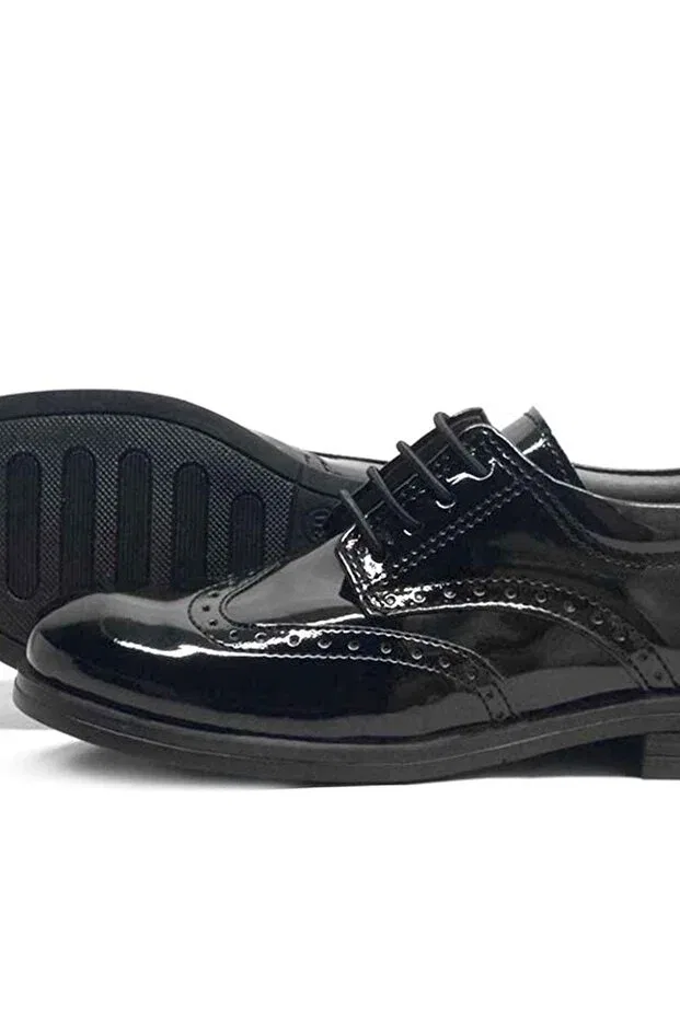 Детские туфли для мальчиков кожаные Plus titan patent leather laced classic boys' school shoes Raker, Black — фото 4
