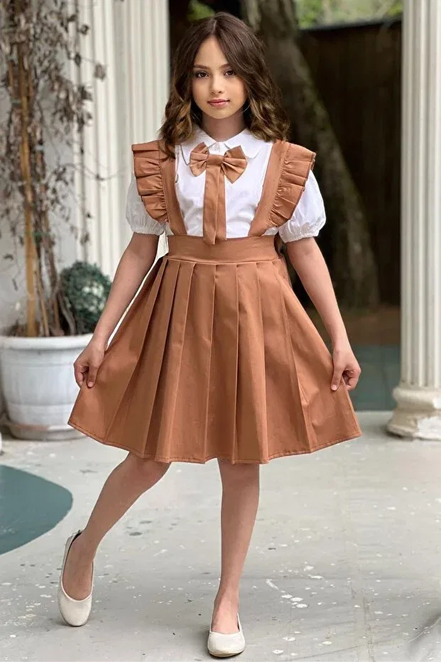 Детское платье для девочек с коротким рукавом-фонарик Tak çıkar bowknot balloon sleeve shirt ruffled pleated salopet skirt girls' holiday dress-23 april Elafor, Beige Brown