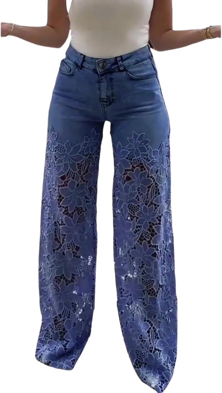 Джинсы с кружевными вставками, Wide Leg Jeans, Dark Blue