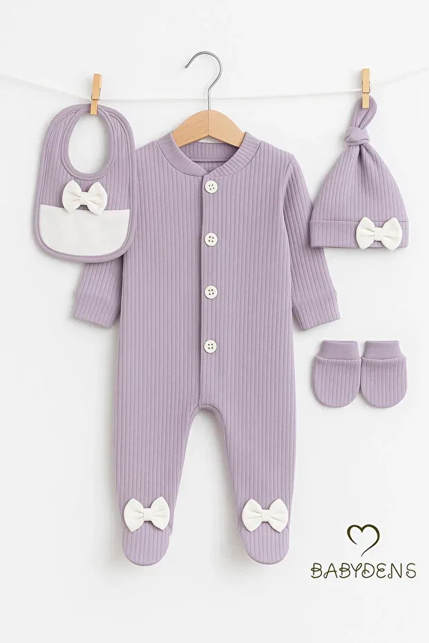 Детский комплект боди-комбинезонов для девочек с длинным рукавом 4-Piece baby girl ribbed newborn baby romper set Babyden'S, Lilac — фото 4