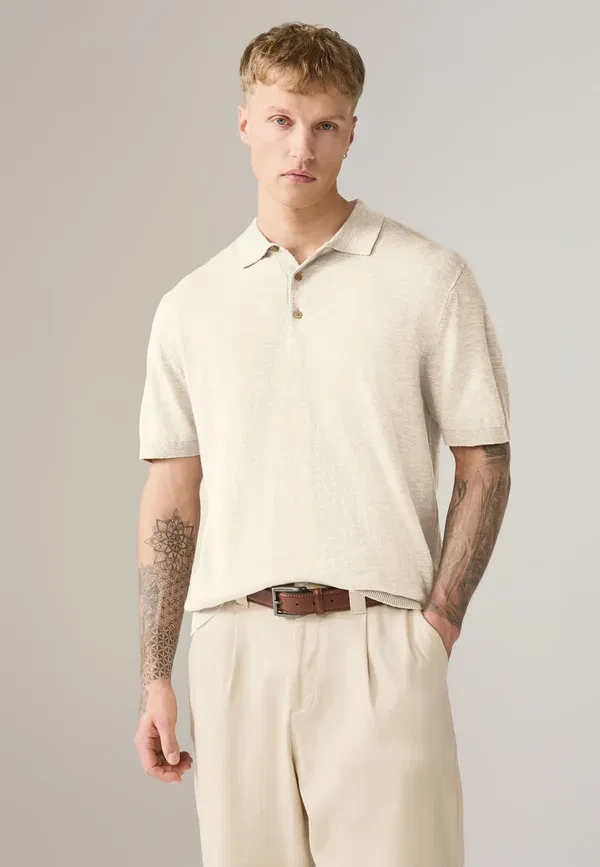 Футболка поло хлопок и лен Regular fit - short sleeve 2 pack Next, коричневый, кремовый — фото 2