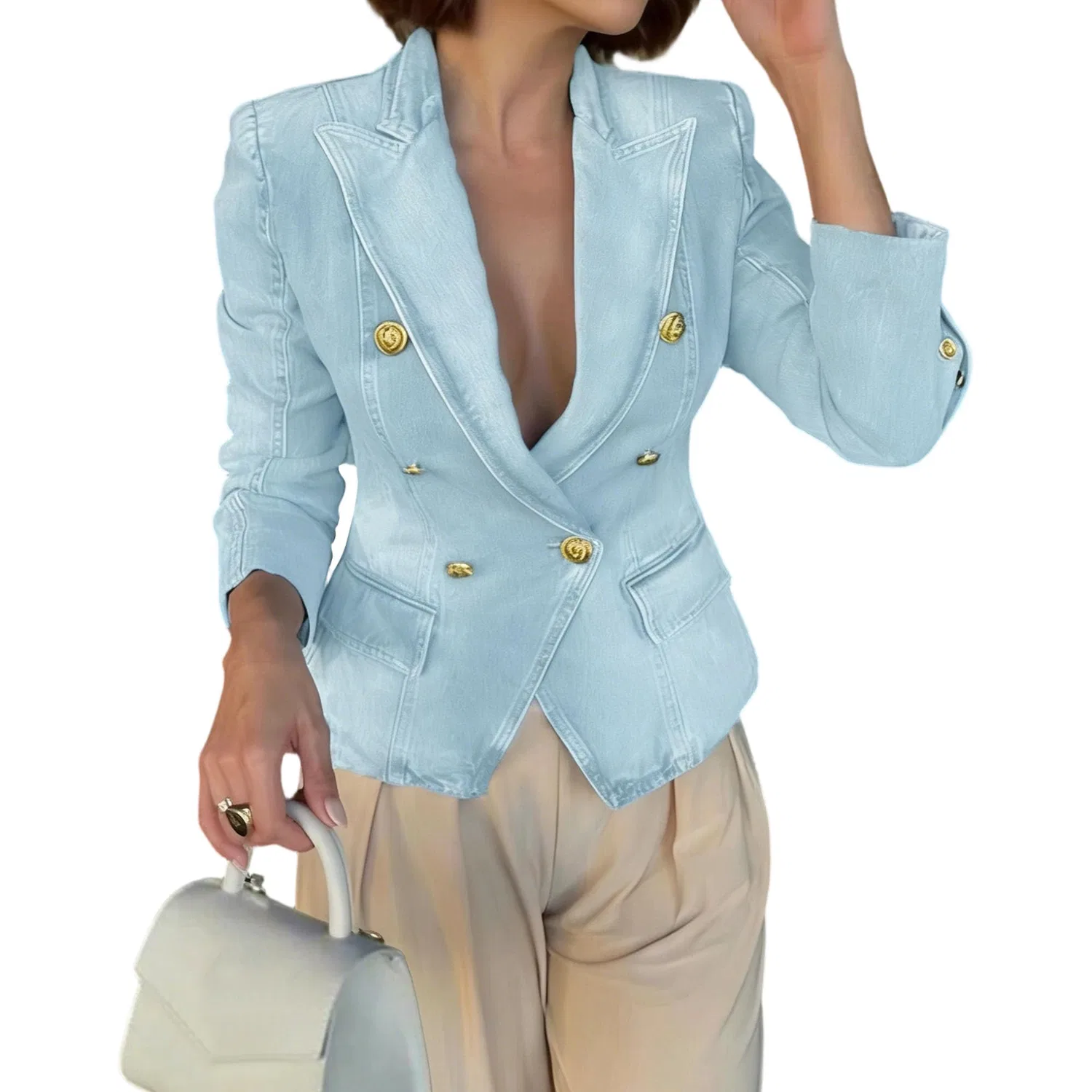 Женский джинсовый пиджак с лацканами, slim, двубортный, Azzurro Chiaro
