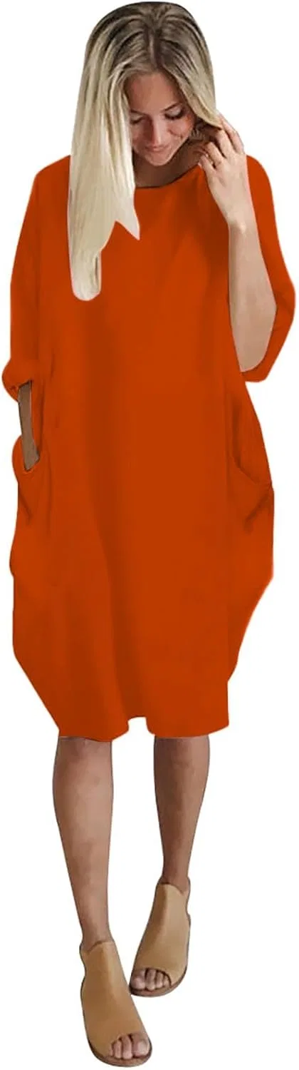 Женское свободное платье миди с большими карманами, Orange