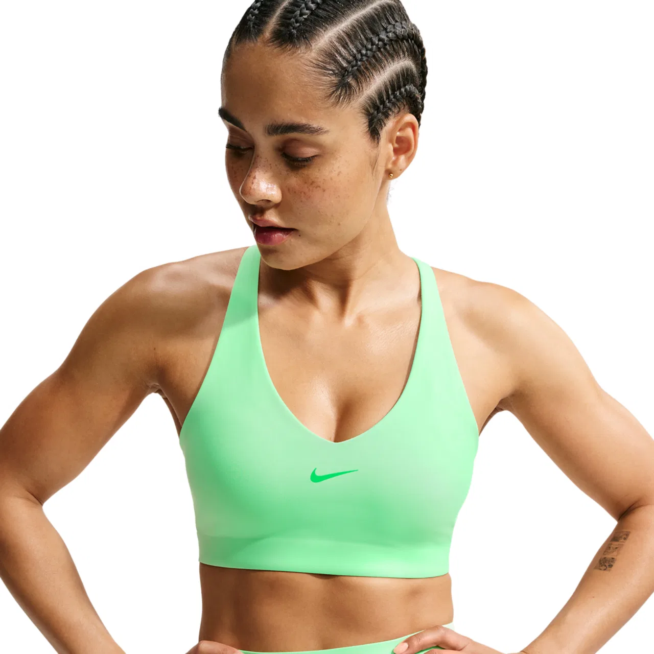 Женский спортивный бюстгальтер с V-образным вырезом, модель Universa, Nike, Illusion Green/Lt Green Spark/Green Spark
