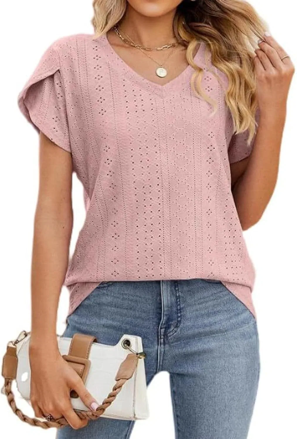 Женская футболка с вышивкой V-образным вырезом Casual Summer, Light Pink