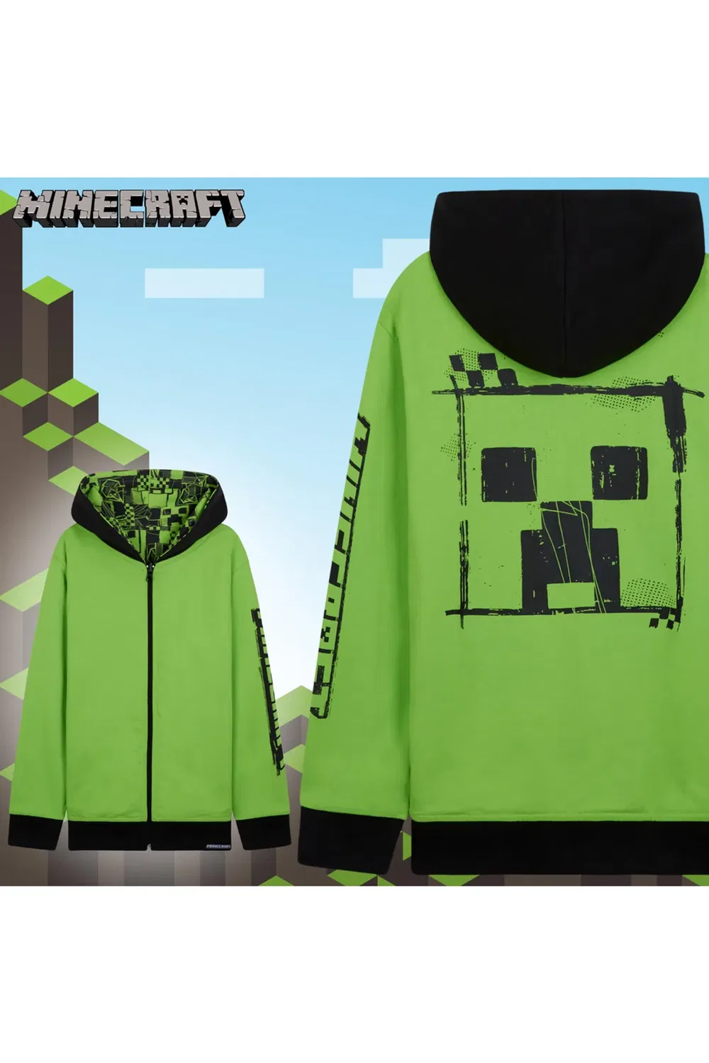 Детский реверсивный худи на молнии с капюшоном Minecraft, Green — фото 3