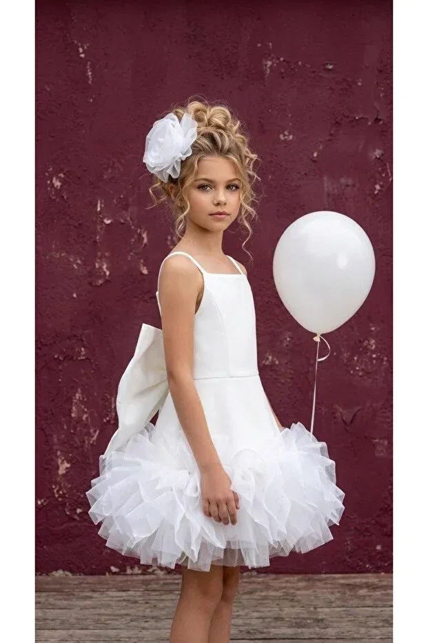 Детское платье для девочек с принтом Big Bow Detailed Strap Fluffy Tulle Evening Dress + Buckle Mc Minicool, White