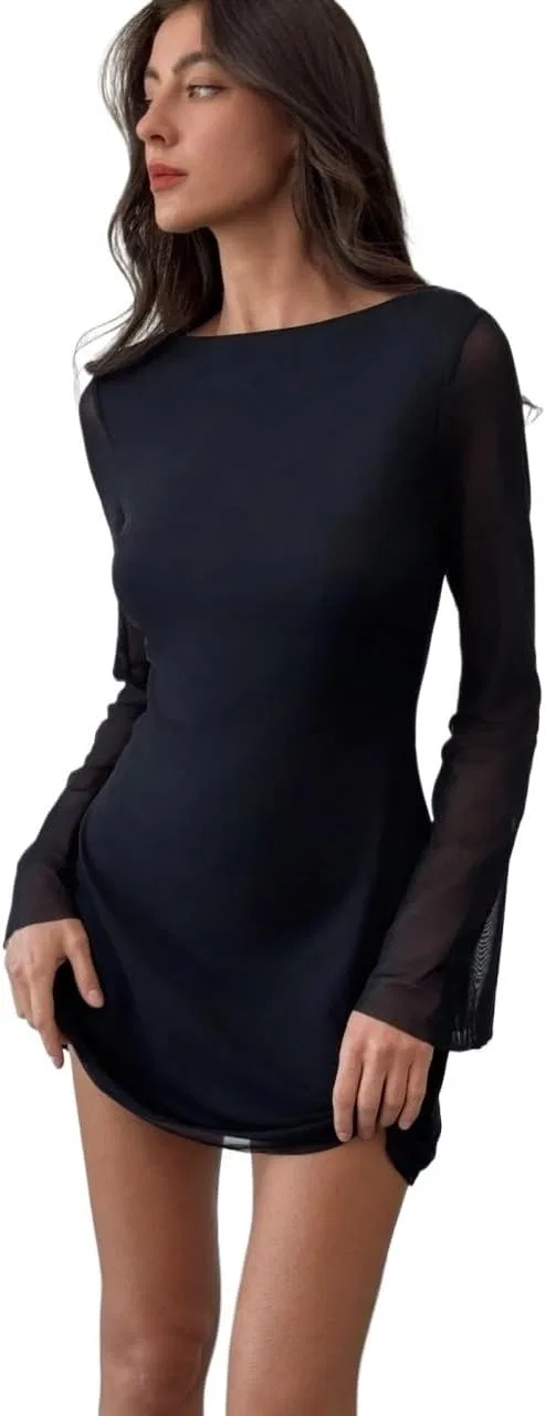 Женское мини-платье с открытой спиной Mesh Sleeve, Black