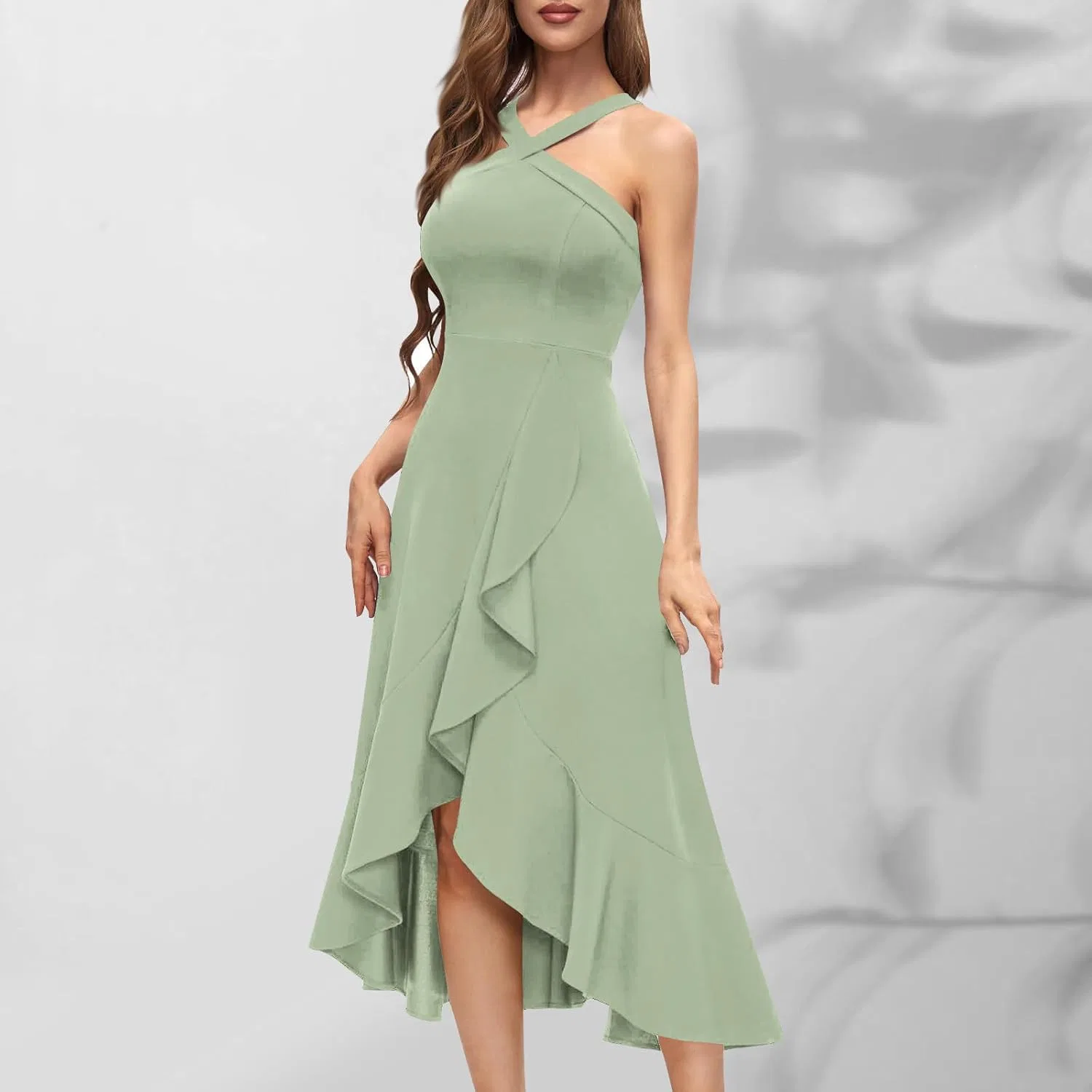 Женское макси-платье с воланами на подоле Halter Neck, A01 Green — фото 2