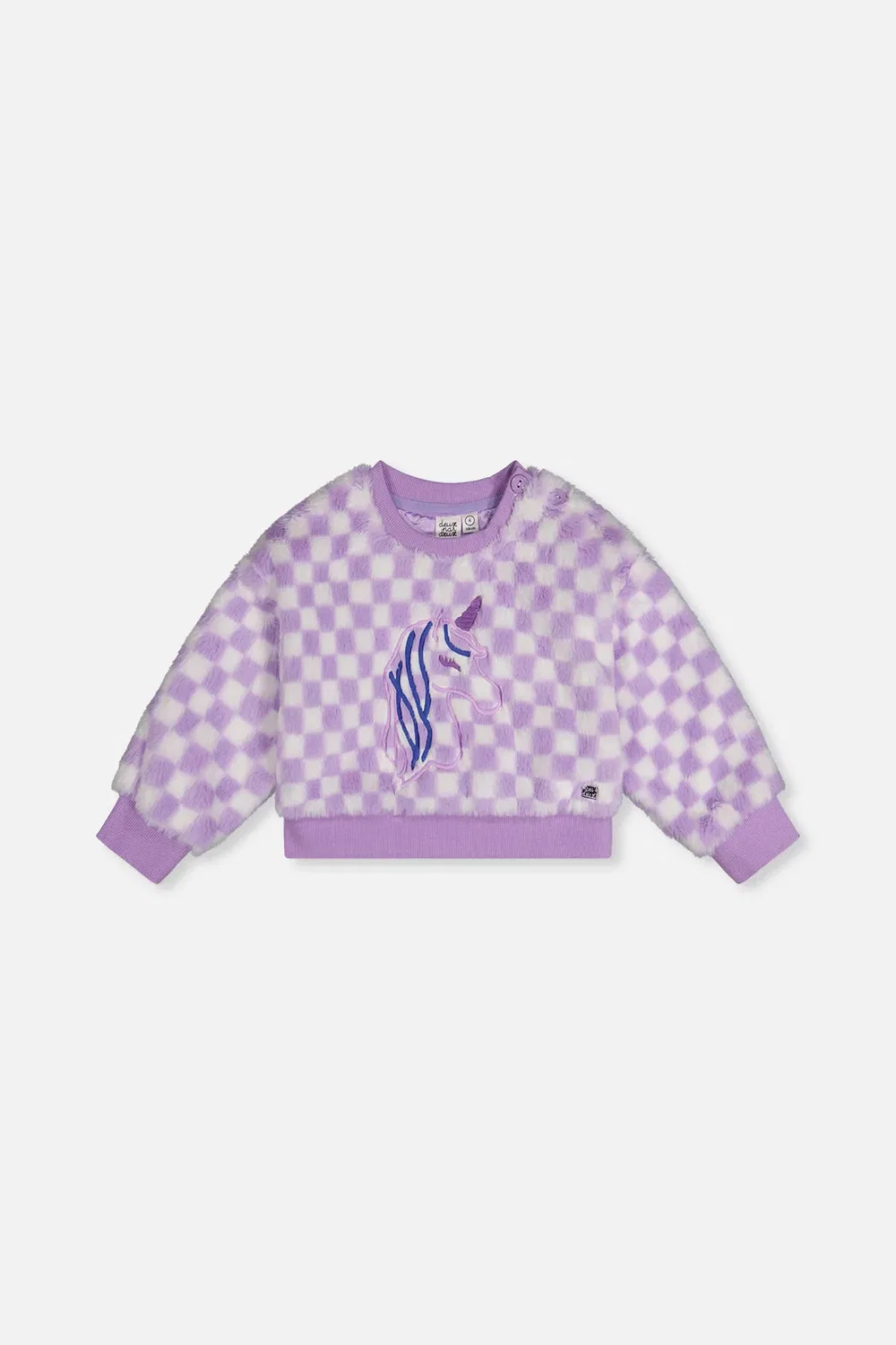 Детский топ для девочек из искусственного меха с вышивкой единорога Stardust Unicorn Deux par Deux, Lilac And White Tiles