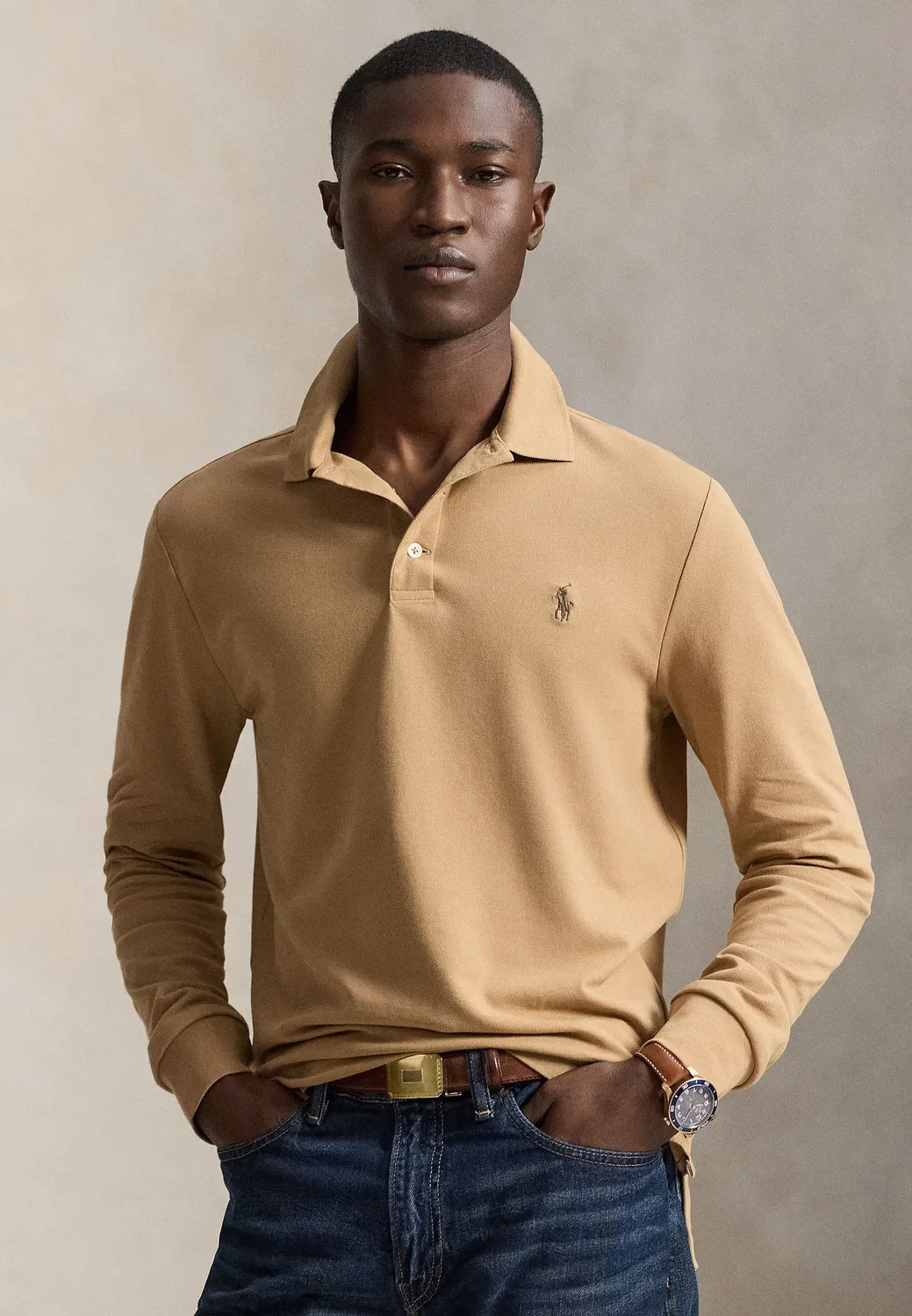 Поло-Рубашка приталенного кроя из эластичной сетки с длинными рукавами Polo Ralph Lauren, Classic Camel