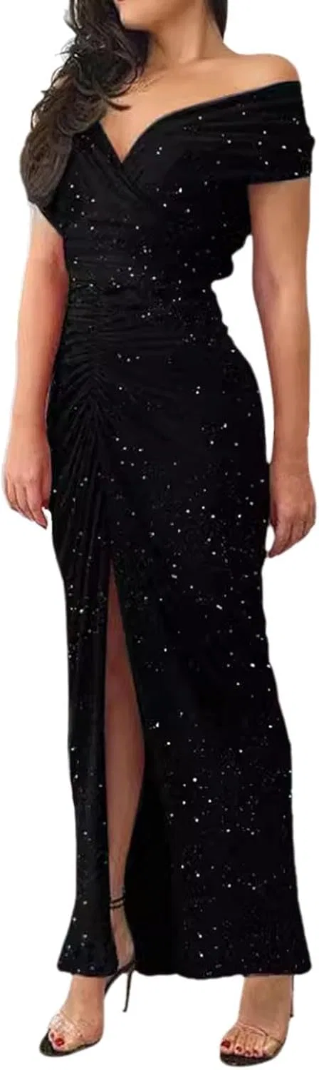 Женское вечернее платье с пайетками One Shoulder Slit Generic, Black