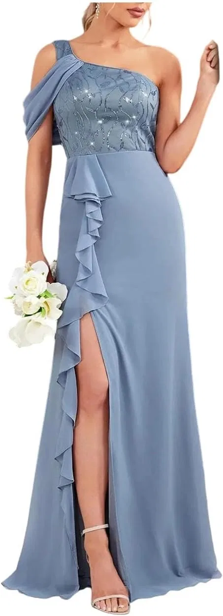 Женское вечернее платье с одним плечом с кружевами и пайетками, Blue
