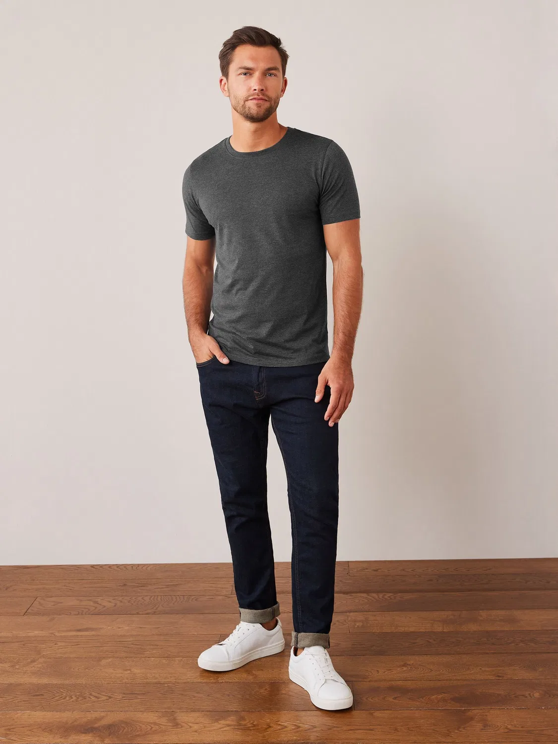 Футболка с круглым вырезом, хлопок, Slim Fit Next, серый угольный меланж — фото 3