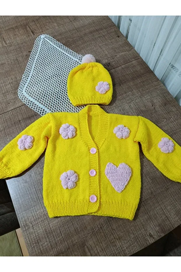 Детский кардиган для девочек с длинным рукавом Hand knitted kids cardigan El Örgüsü Cici Bebe, Yellow — фото 2
