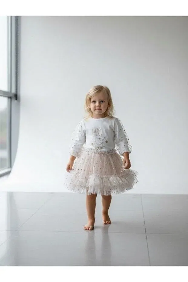 Детский комплект платьев с принтом Star Patterned Tutu Skirt Set Zekids, Cream — фото 3