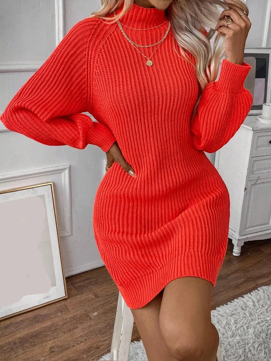 Женское платье-свитер с воротником-стойкой Raglan Sleeve, Orange — фото 2