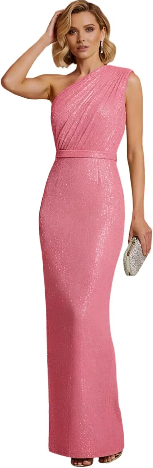 Вечернее платье с одним плечом пайетками Sheath Column, Pink
