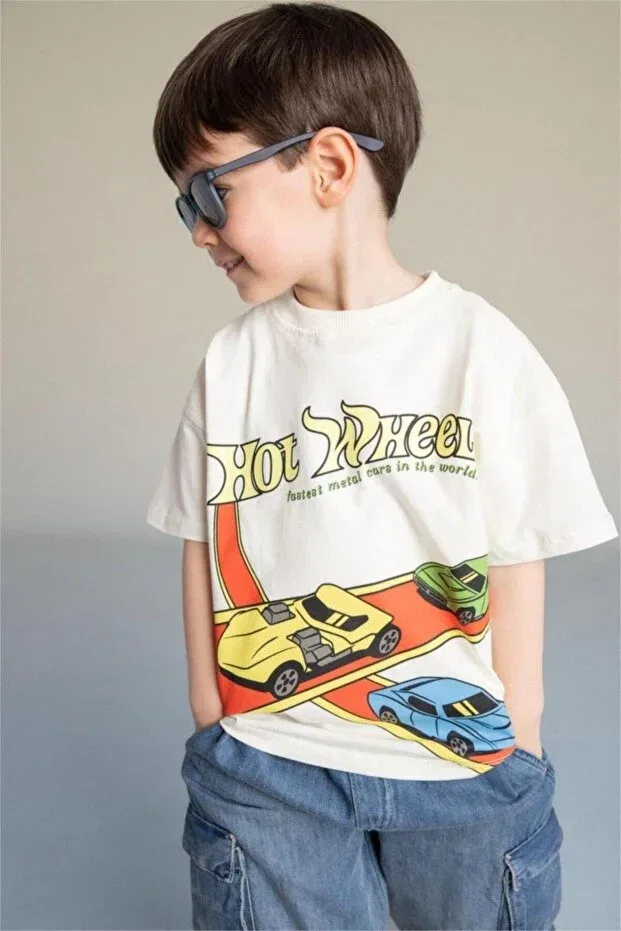 Детское для мальчиков футболка с принтом Hot Wheels Defacto, Ecru — фото 3