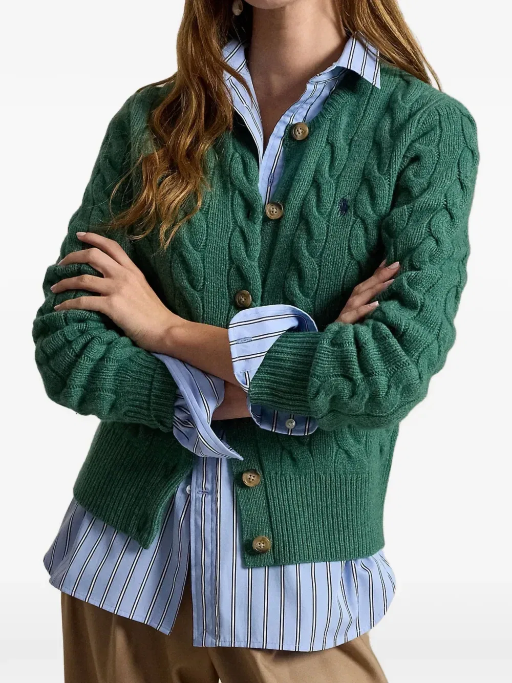 Вязаный кардиган с вышитым логотипом POLO RALPH LAUREN, зеленый — фото 2