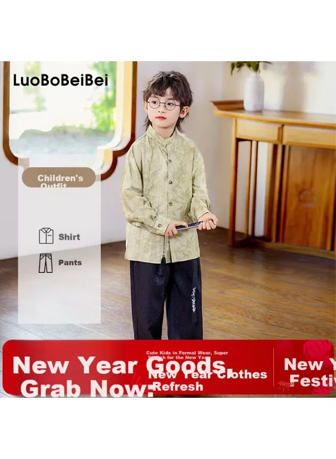 Комплект рубашка с длинным рукавом с цветочным принтом Luobobeibei, хаки