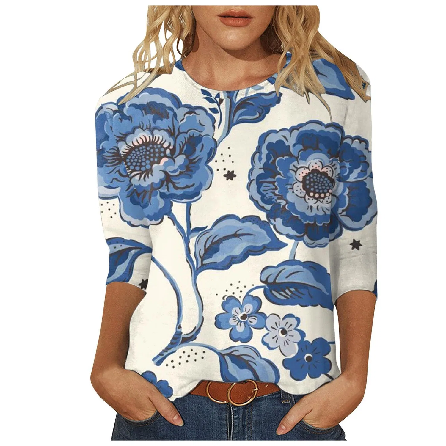 Женская футболка с цветочным принтом Floral Print Round Neck Long Sleeve Lace Top Casual Loose 3/4 Sleeve 7/4 Sleeve Jacket Beautician, Blue-6