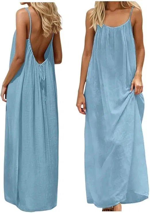Женское летнее платье с открытой спиной на тонких бретелях, Light Blue