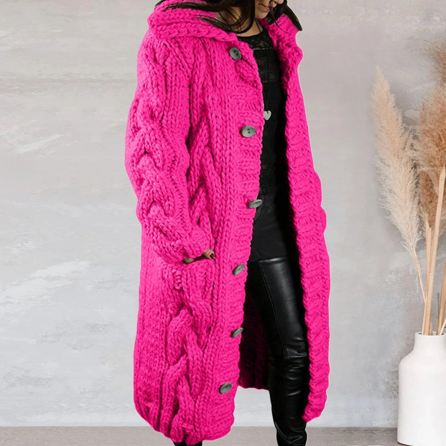 Женский кардиган с пуговицами из объемной вязки, Oversized Long Solid Color Stand Collar Casual Jackets, Hot Pink — фото 2