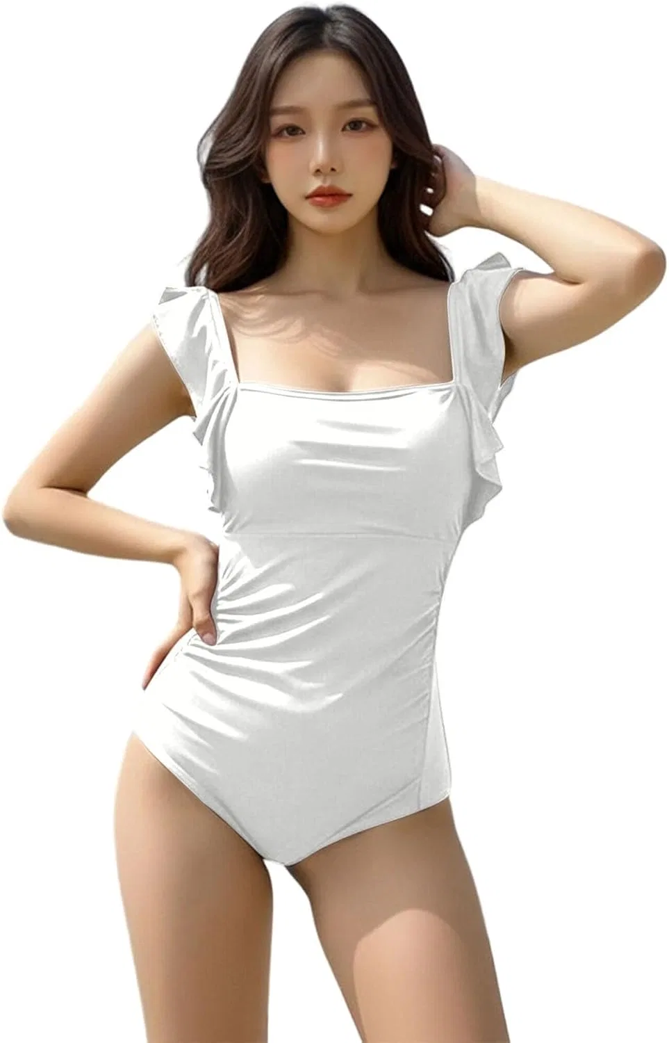Женский цельный купальник с рюшами, White