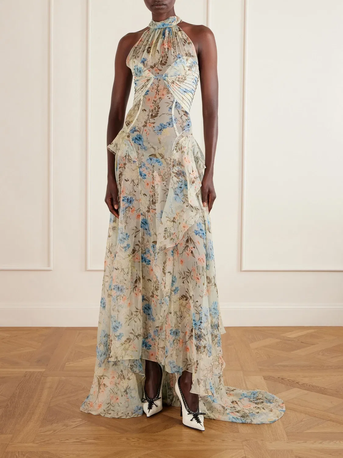 Плиссированное шелково-органзовое макси-платье с цветочным принтом Alexander McQueen, розовый/зеленый/синий — фото 2