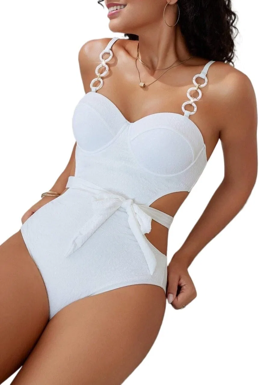 Женский цельнокроеный купальник с вырезом и пуш-ап Summer Monokini, White — фото 4