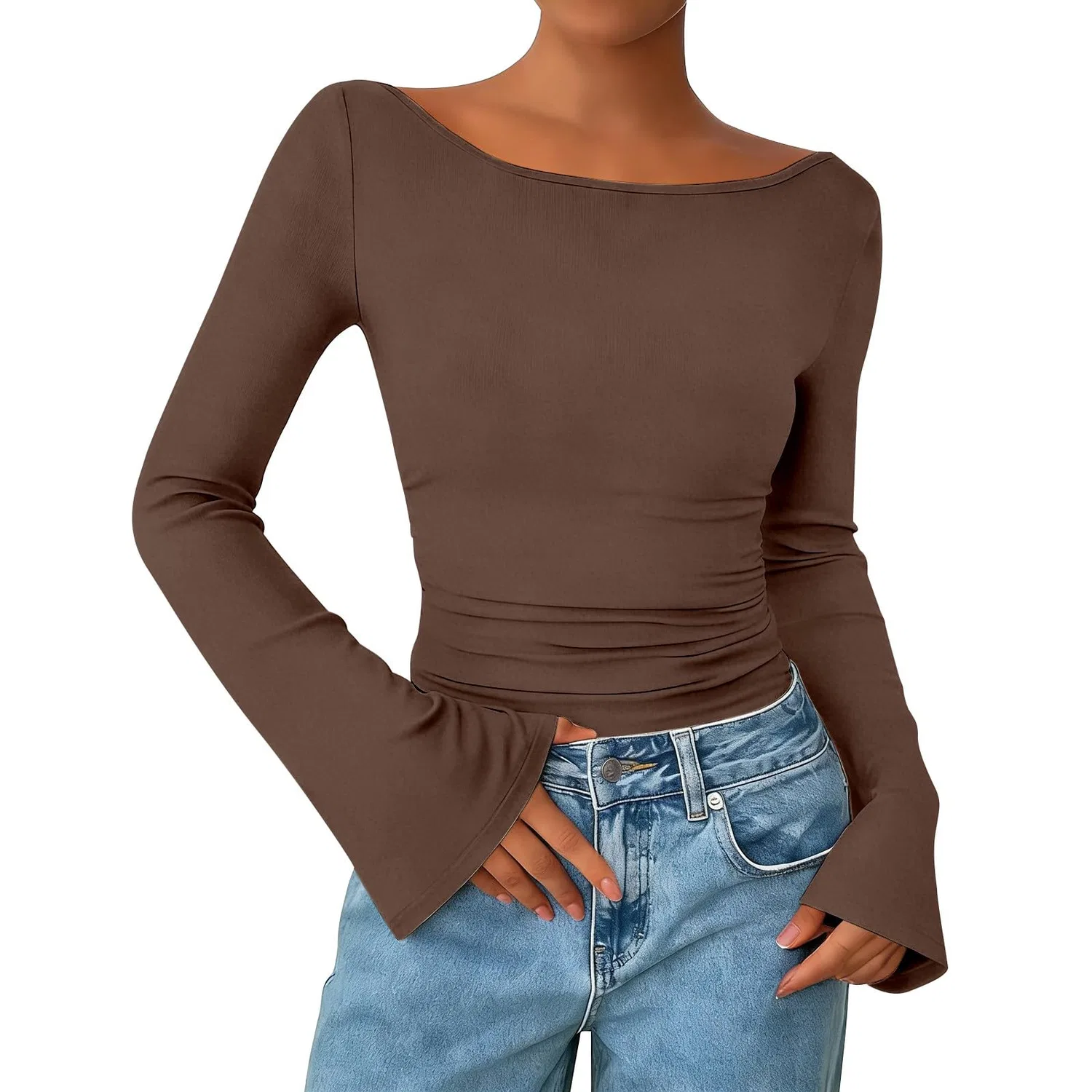 Женский джемпер с рукавом-колокол и лодочкой, модель Elegant Boat Neck Bell Sleeve, Brown — фото 4