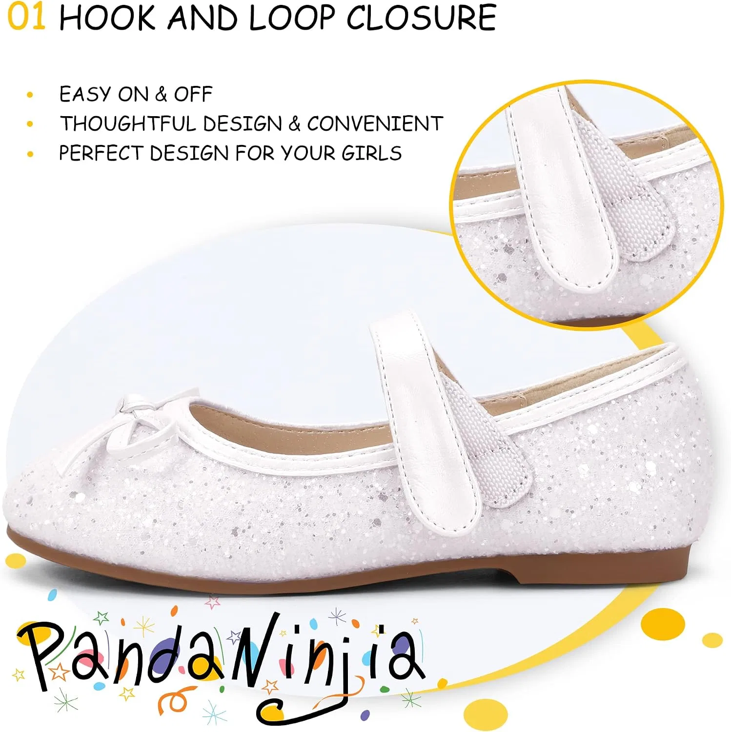 Детские балетки для девочек с бантом Mary Jane PANDANINJIA, White Sequin — фото 4