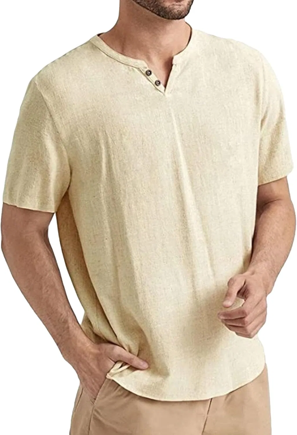 Мужская футболка с V-образным вырезом на пуговицах Cotton Linen, Apricot