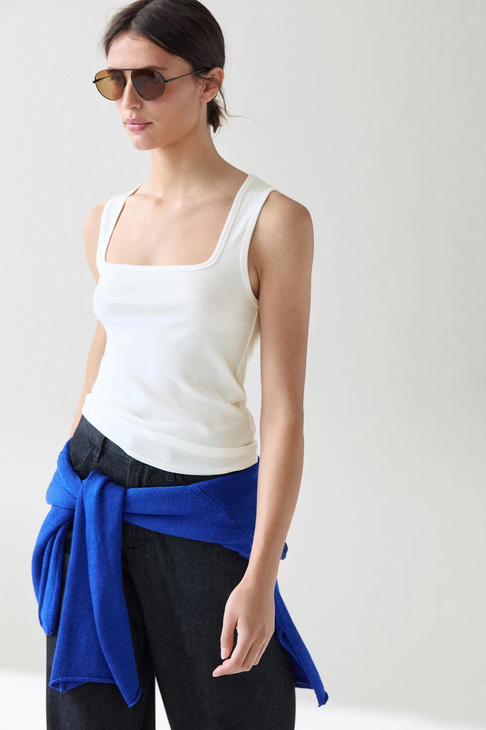 Топ Massimo Dutti Cotton Blend Square Neck, кремовый — фото 3