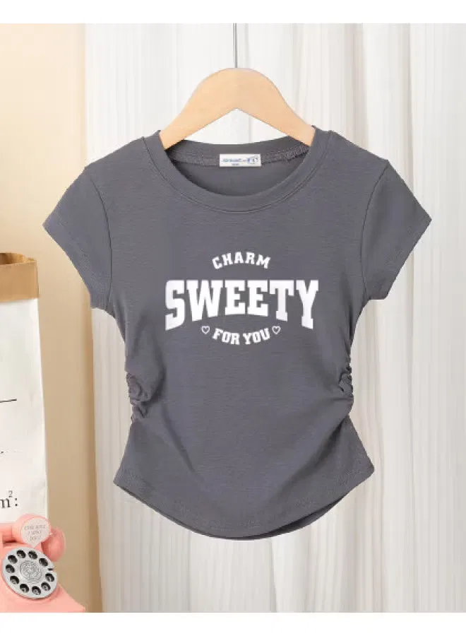 Футболка с принтом букв для девочек, модель Waist Pleat, Jeanswest, серый