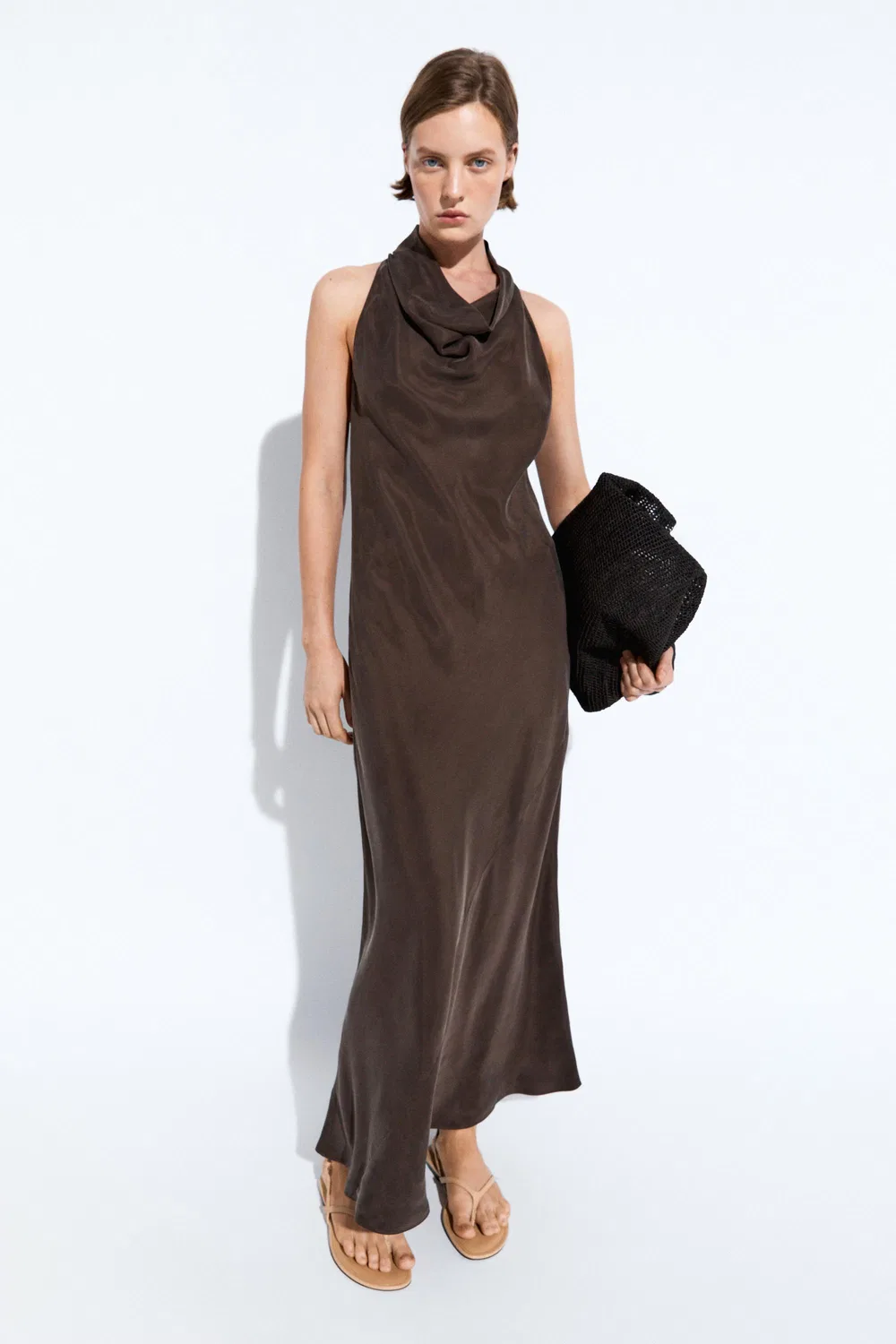 Длинное платье Massimo Dutti Draped Neckline, коричневый