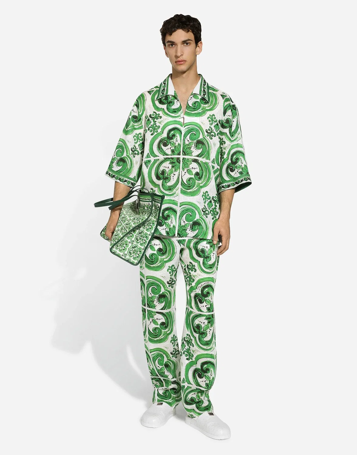 Льняные джоггеры с принтом маиолика Dolce & Gabbana, белый — фото 2