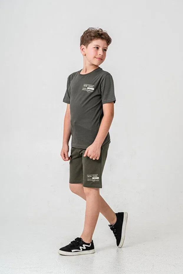 Детский комплект для мальчиков с принтом New York City Printed Boys Shorts - T-shirt Set Mışıl Kids, Khaki — фото 4