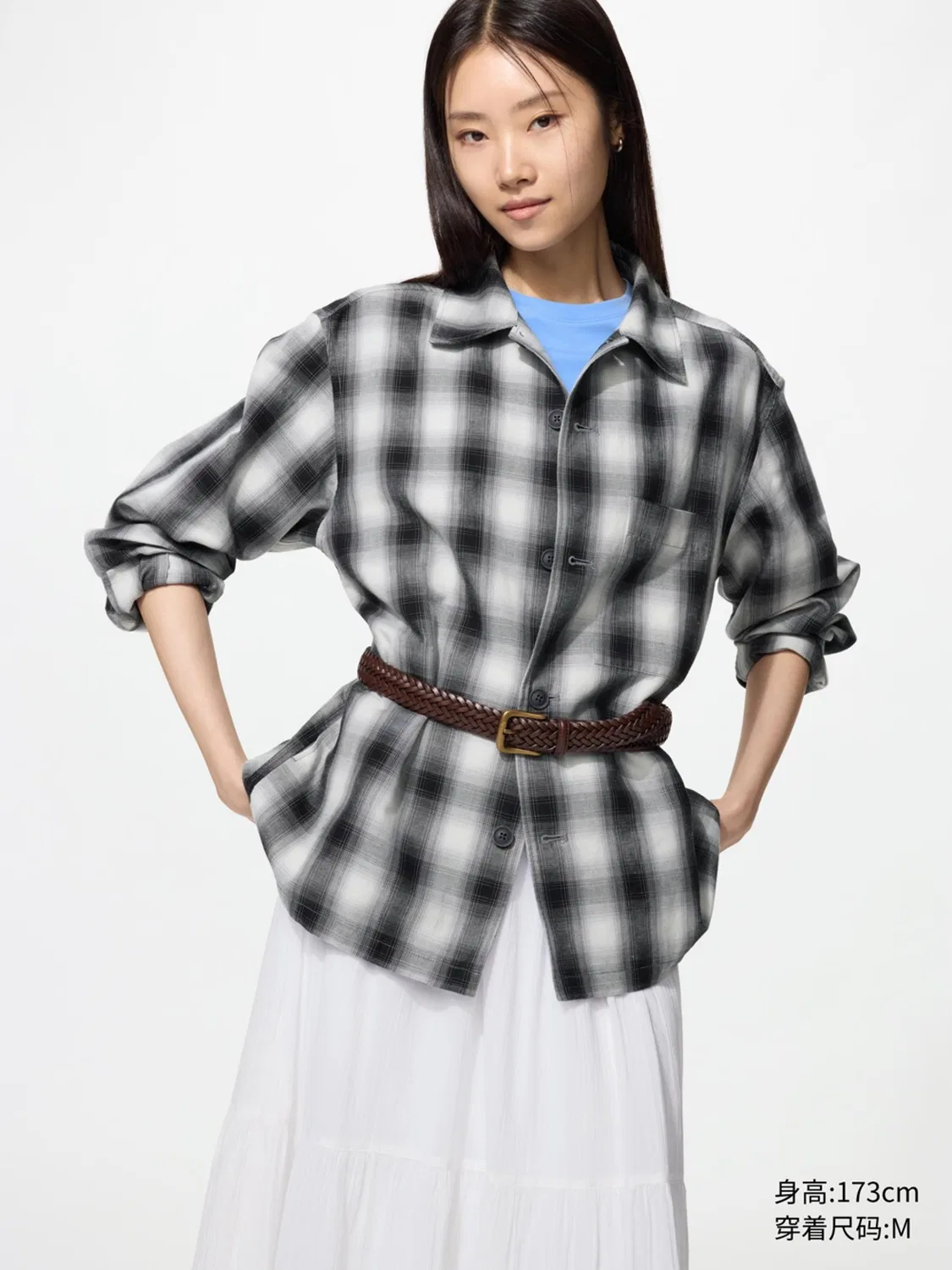 Рубашка из хлопка и льна в клетку с длинным рукавом Uniqlo, черный — фото 4