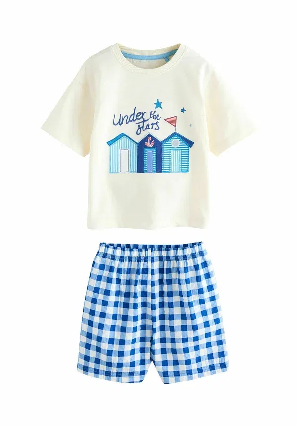 Пижама из хлопка, клетка, Regular fit - woven short pyjamas 3 pack set, Next, blue/ecru seaside, бежевый — фото 3